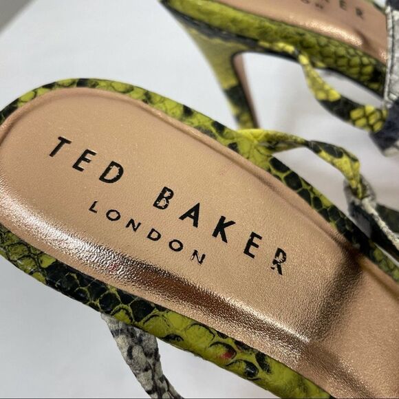 Ted Baker Theanaa Snakeskin Embossed Leather Heeled Sandals Neon Yellow size 37 - Picture 6 of 15
